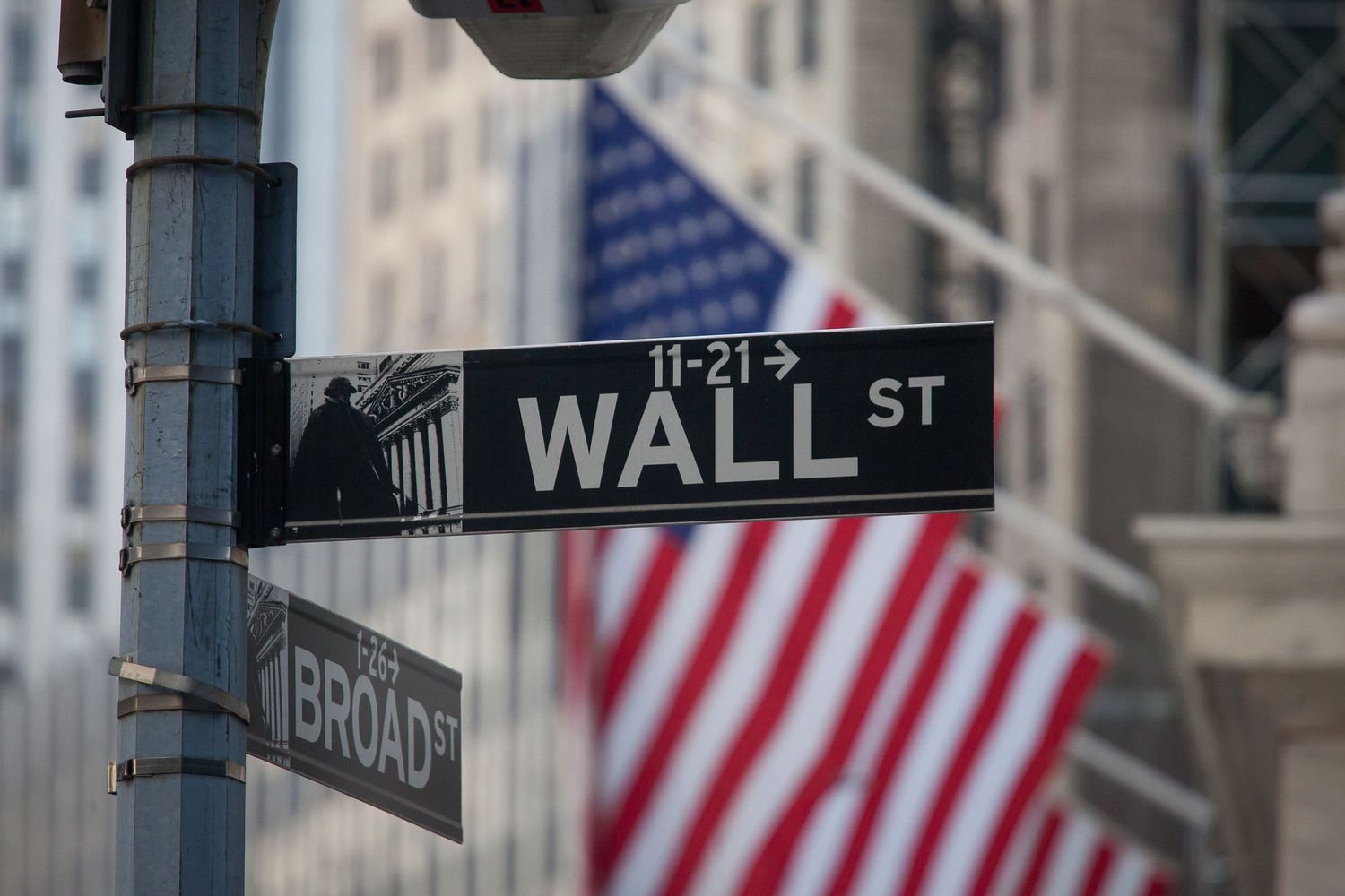 The Wall Street and Broad Street intersection in the New York financial district